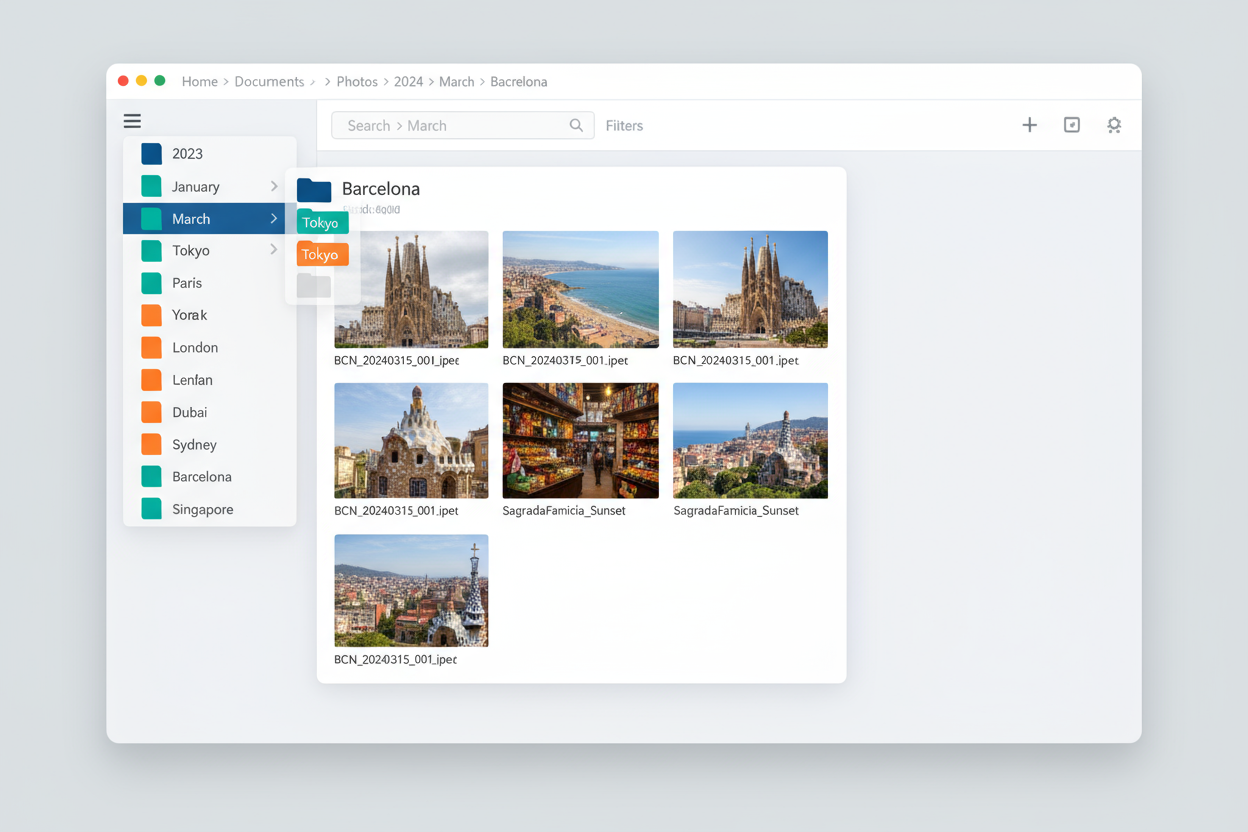 .jpef files into folders by year month and different international cities